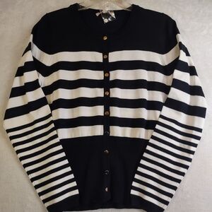 Philosophy Black and White Striped Cardigan With Gold Buttons